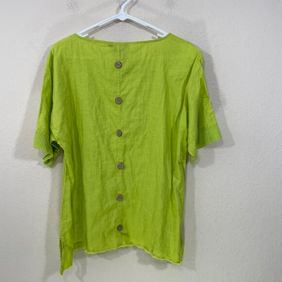 Ali Miles Linen Blend Size M Tunic Top Button Detail Yellow Green Lagenlook - Picture 2 of 5